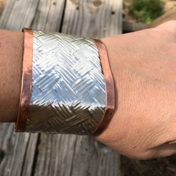 Woven Weave Embossed Sterling Silver 925 Copper Cuff Wide Rustic Handmade - Picture 8 of 13